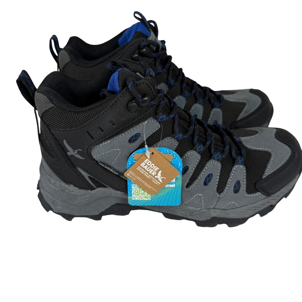 Eddie Bauer Mens 8.5 Maple Ridge Hiking Boots Black Grey Waterproof Trail Shoe